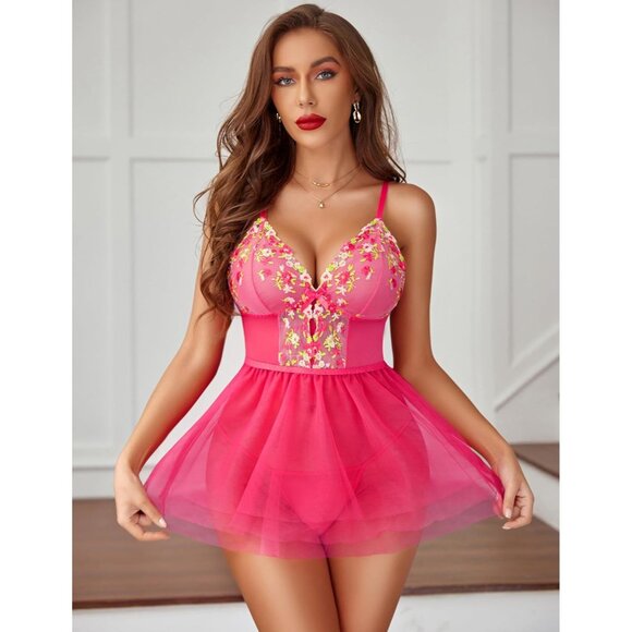 Women's Rose Red Floral Lingerie Embroidery Lace Babydoll Sleepwear Sexy - Picture 4 of 5